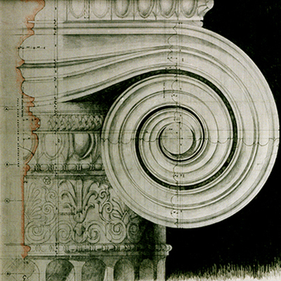 Full size working drawing of Ionic Capital. Drawn by Francis Terry. Exhibited at the RA, 2004.