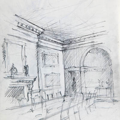 Design development sketch of Dining Room at Kilboy by Francis Terry. Pencil on paper, 2008.