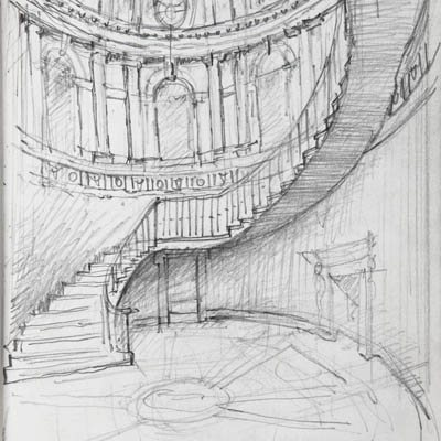 Design development sketch of Inner Hall at Kilboy by Francis Terry. Pencil on tracing paper, 2009.
