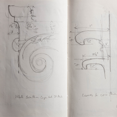 Measured drawings of capital details at St Pauls drawn by Francis Terry. Pencil on paper, 2009.