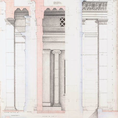 Working drawing of Portico for Hanover Lodge. Drawn by Francis Terry and Harry Clover. Pen and ink, 2003.