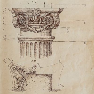 Capital for the Raimondi Chapel, Rome, drawn by Francis Terry, pen and ink, 1991.