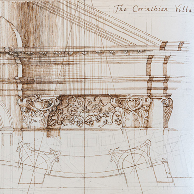 The Corinthian Villa façade, drawn by Francis Terry, pen and ink, 2004.