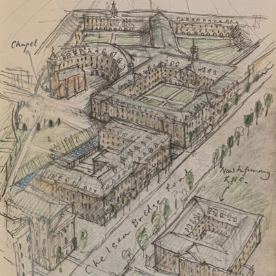 Chelsea Barracks proposal, drawn by Francis Terry, pencil, 2009.