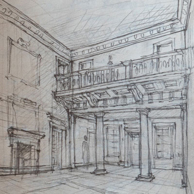 Old Garden Hall study, drawn by Francis Terry, pencil, 2007.