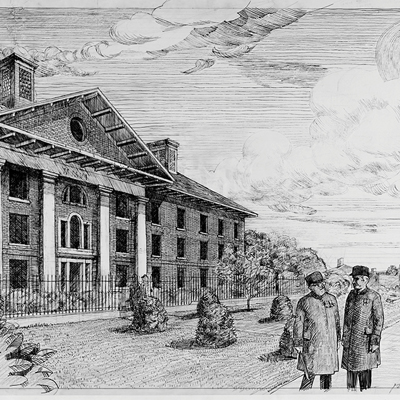 Perspective of the new infirmary to the Royal Hospital Chelsea. Drawn by Francis Terry. Ink on tracing paper, 2004.