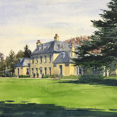 House in Wiltshire, south perspective. Watercolour by Francis Terry, 2016.
