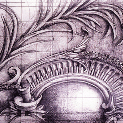 Full size working drawing of cartouche for Hanover Lodge. Exhibited at the RA, 2004. Drawn by Francis Terry. Pencil on paper.