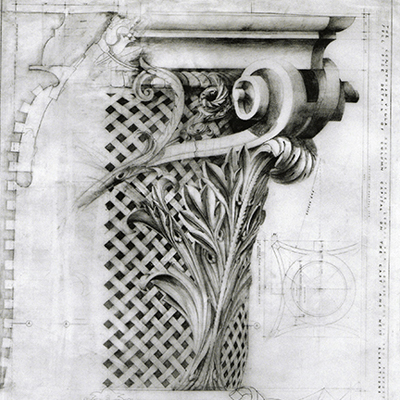 Corinthian capital. Drawn by Francis Terry, pencil on tracing paper. Exhibited at the RA in 2002.
