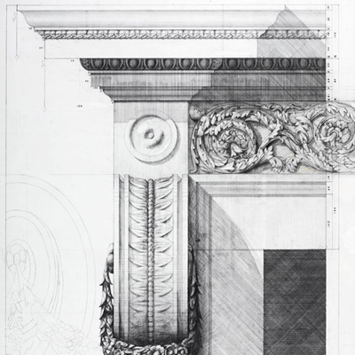 Fireplace design for Hanover Lodge. Drawn by Francis Terry. Pencil on tracing paper. Exhibited at the RA in 2007.