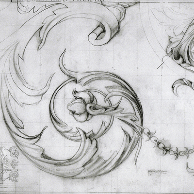 Full size detail of decoration for Kilboy. Drawn by Francis Terry, pencil on paper. Exhibited at the RA in 2002.