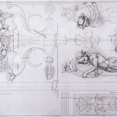 Plaster work decoration with figures. Drawn by Francis Terry. Pencil on tracing paper. Exhibited at the RA in 2006.