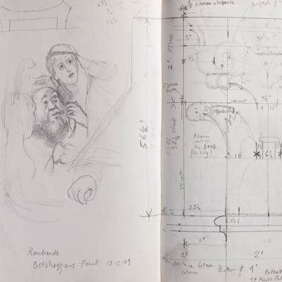 Measured details of Corinthian capitals at St. Paul’s cathedral and Belshazzar’s Feast. Drawn by Francis Terry. Pencil on paper, 2009.