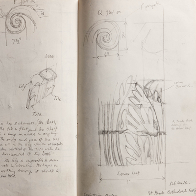 Measured details of Corinthian capital at St. Paul’s Cathedral. Drawn by Francis Terry. Pencil on paper, 2009.