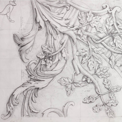 Full size ceiling decoration for Kilboy. Drawn by Francis Terry, pencil on paper. Exhibited at the RA 2014.