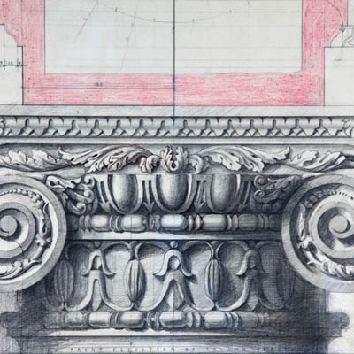 Full size working drawing of ionic capital for Hanover Lodge. Drawn by Francis Terry. Pencil on paper, 2006.