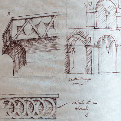 Gothic details, drawn by Francis Terry, pen and ink, 1988.