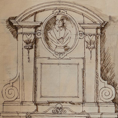 Tomb of Giovanni Vigevano, drawn by Francis Terry, pen and ink, 1991.