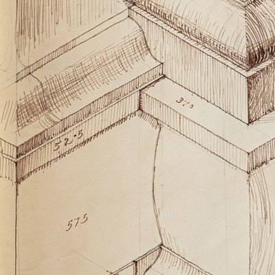 Detail at the Villa Madama, drawn by Francis Terry, pen and ink, 1991.