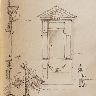 Window at Porta Pia, drawn by Francis Terry, pen and ink, 1991.