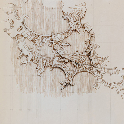 Rococo ceiling design, drawn by Francis Terry, pen and ink, 2004.