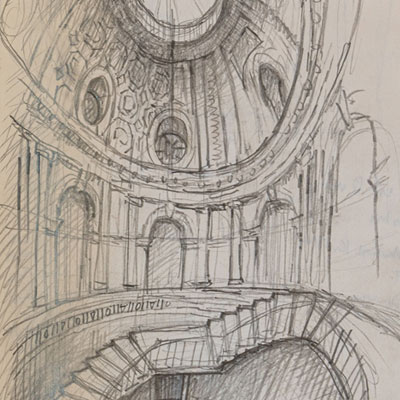 Staircase hall proposal, drawn by Francis Terry, pencil, 2009.