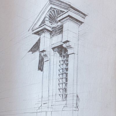 Window, Porta Pia, Rome, drawn by Francis Terry, pencil, 1989.