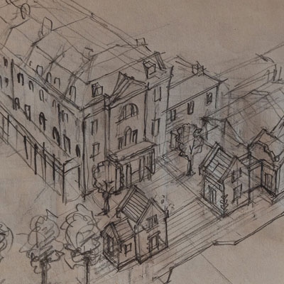 Scheme for Hampton Court Station, drawn by Francis Terry, pencil, 2008.