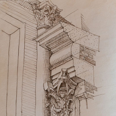 San Giorgio, Venice detail, drawn by Francis Terry, pen and ink, 1988.