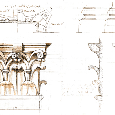 Drawing of Corinthian capitals. Drawn by Francis Terry. Ink on paper, 2004.