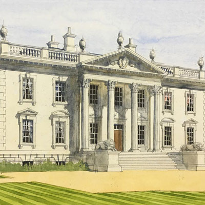 House in Norfolk front elevation. Watercolour by Francis Terry, 2016.