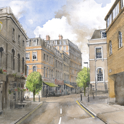 Mount Pleasant street scene. Watercolour painted by Francis Terry, 2015.