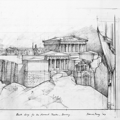 Safety curtain design for the Howard Theatre, Downing College, Cambridge. Drawn by Francis Terry, pencil on paper.