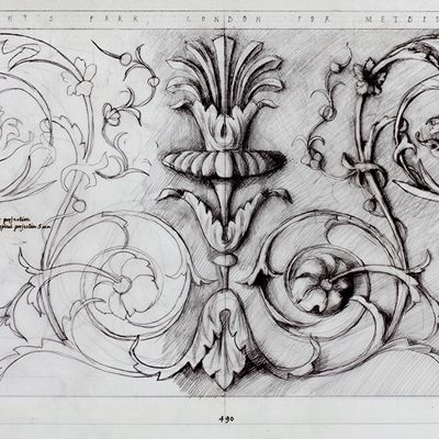 Full size working drawing of rinceau panel for Hanover Lodge. Drawn by Francis Terry, pencil on tracing paper. Exhibited in the Three Classicists exhibition at the RIBA 2010.