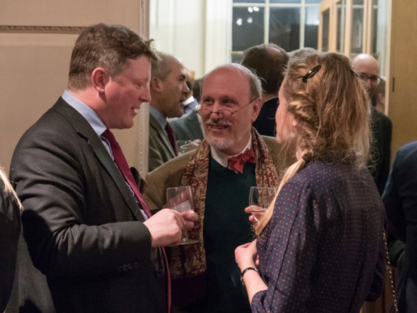 Chairman of the Georgian Group Christopher Boyle Q.C. chatting to architect John Simpson and Harriet Wennberg of INTBAU.