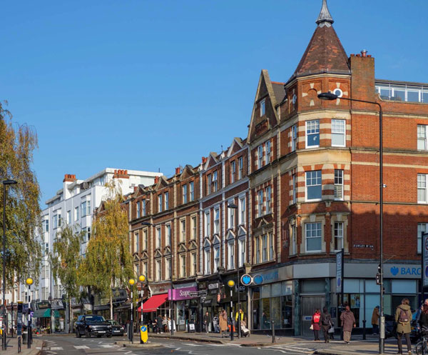 Red Brick with ornament and white detailing predominates in West Hampstead.