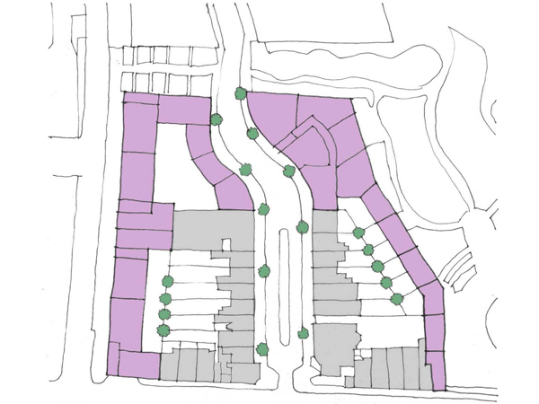 Proposal for Empress Place. New buildings shown in mauve and existing in grey.