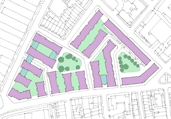 Plan of the Sutton Estate, Chelsea. Existing estate buildings shown in mauve and additions shown in blue.